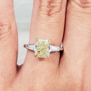 3CT Radiant Cut Yellow Moissanite Engagement Ring Canary Yellow Radiant Cut Diamond Wedding Ring 14k SolidGold Promise Ring Three stone Ring
