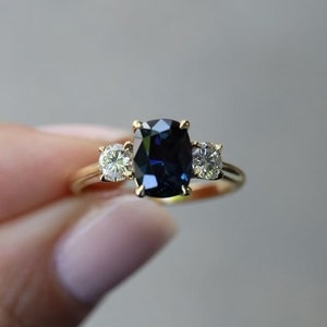 1.8CT Cushion Cut Blue Sapphire Engagement Ring 14k White gold Elongated Cushion Wedding Ring Three Stone Ring Anniversary Ring Promise Ring