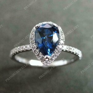 Pear Blue Sapphire Engagement Ring 14k White Gold Blue Lab Sapphire Wedding Ring Vintage Diamond Hidden Halo Anniversary Ring Promise Ring