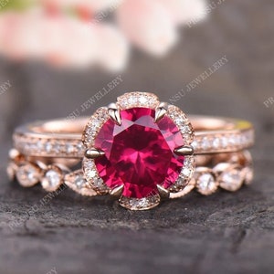 2Ct Round Cut Lab Ruby Engagement Ring set 14k Solid Gold Ruby Wedding Ring Full Eternity Moissanite Diamond Wedding Band Anniversary Ring