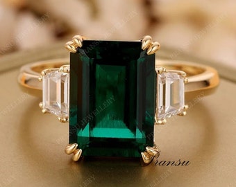 4.90ct Emerald Diamond Engagement Ring 14k Solid gold Emerald Cut Green Lab Created Diamond Wedding Ring Minimalist Anniversary Ring