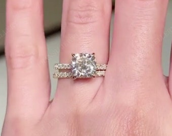 2CT Cushion Cut Moissanite Engagement Ring With Diamond Wedding Band 14K Solid Gold Hidden Halo Moissanite Diamond Ring Promise Ring Gift
