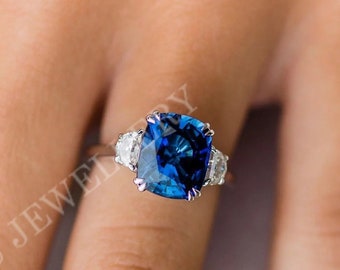 3CT Cushion Cut Blue Lab Sapphire Engagement Ring 14k White gold Blue Sapphire Wedding Ring Three Stone Ring Anniversary Ring Promise Ring