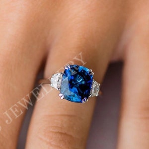 3CT Cushion Cut Blue Lab Sapphire Engagement Ring 14k White gold Blue Sapphire Wedding Ring Three Stone Ring Anniversary Ring Promise Ring