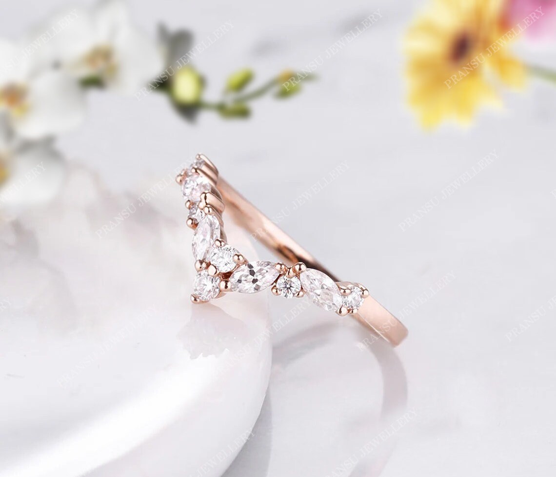 Unique Marquise Cut Moissanite Wedding Band 14K Solid Gold Art Deco ...