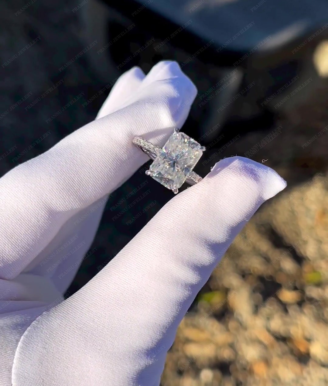 Elongated Radiant Cut Moissanite Engagement Ring 14K Solid