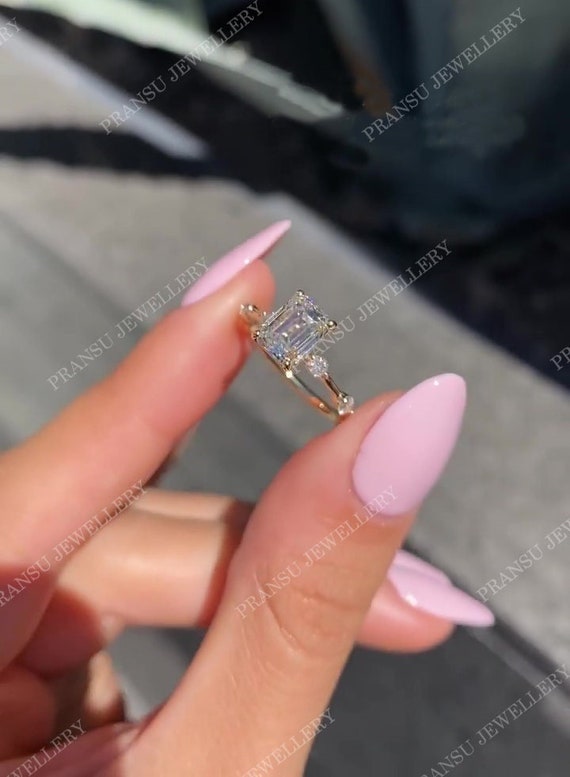 1.5ct Emerald Cut Moissanite Engagement Ring With Spaced Diamond