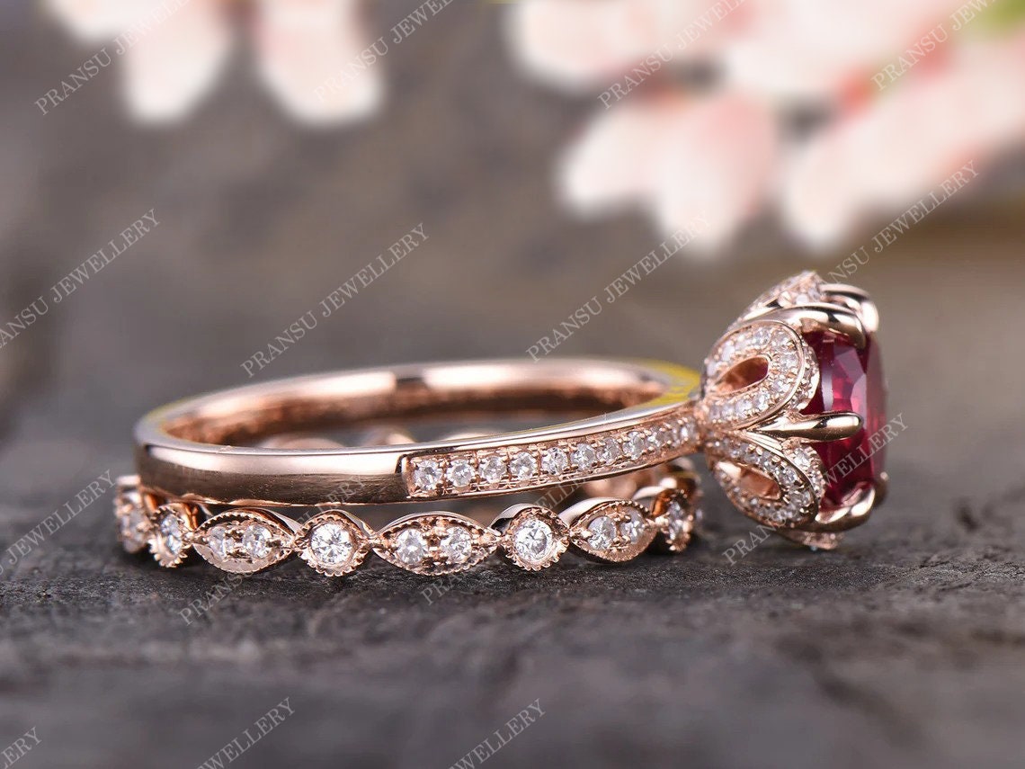 2ct Round Cut Lab Ruby Engagement Ring Set 14k Solid Gold Ruby Wedding ...