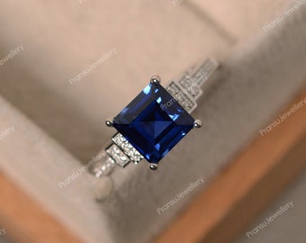2CT Princess Cut Blue Sapphire Engagement Ring Lab-Created Sapphire Diamond Wedding Ring 14K Solid White Gold Promise & Anniversary Ring