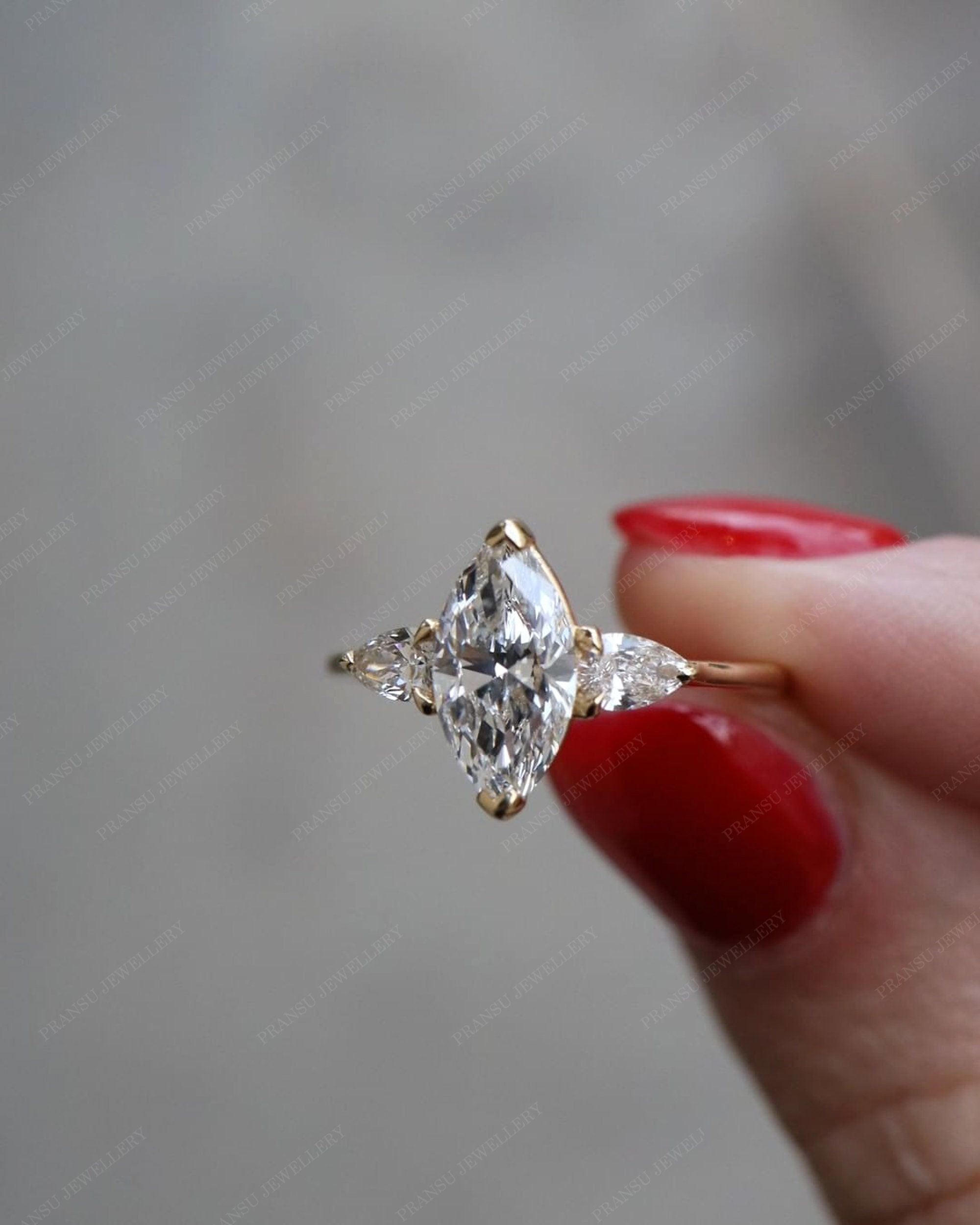 1.3CT Marquise Cut Moissanite Diamond Trilogy Engagement Ring With Pear Side Diamond 14K White Gold Wedding Ring For Women Promise Ring
