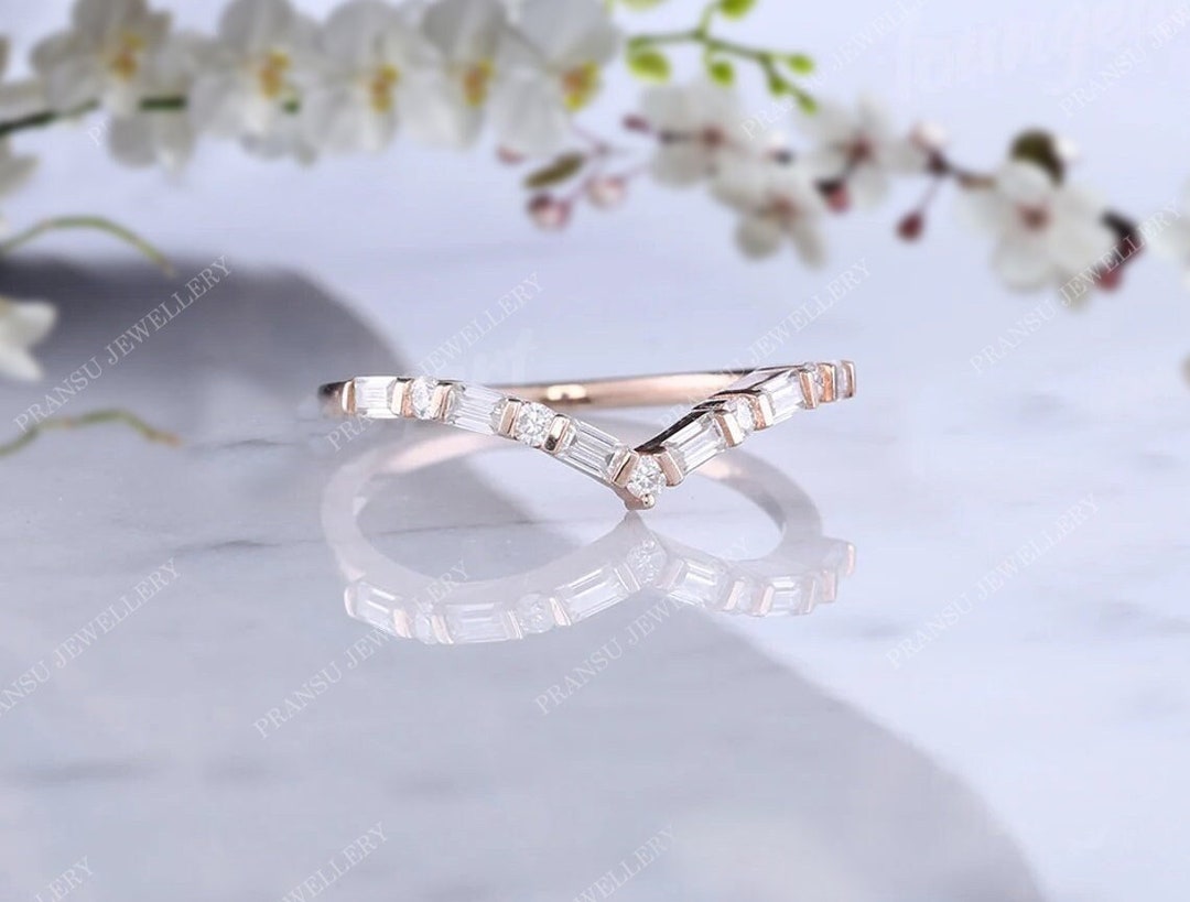 Baguette Cut Moissanite Wedding Band 14K Solid Gold Vintage Chevron ...