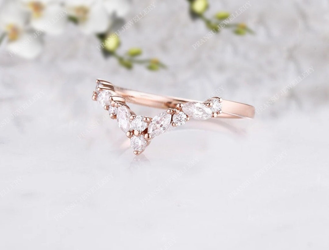 Unique Marquise Cut Moissanite Wedding Band 14K Solid Gold Art Deco ...