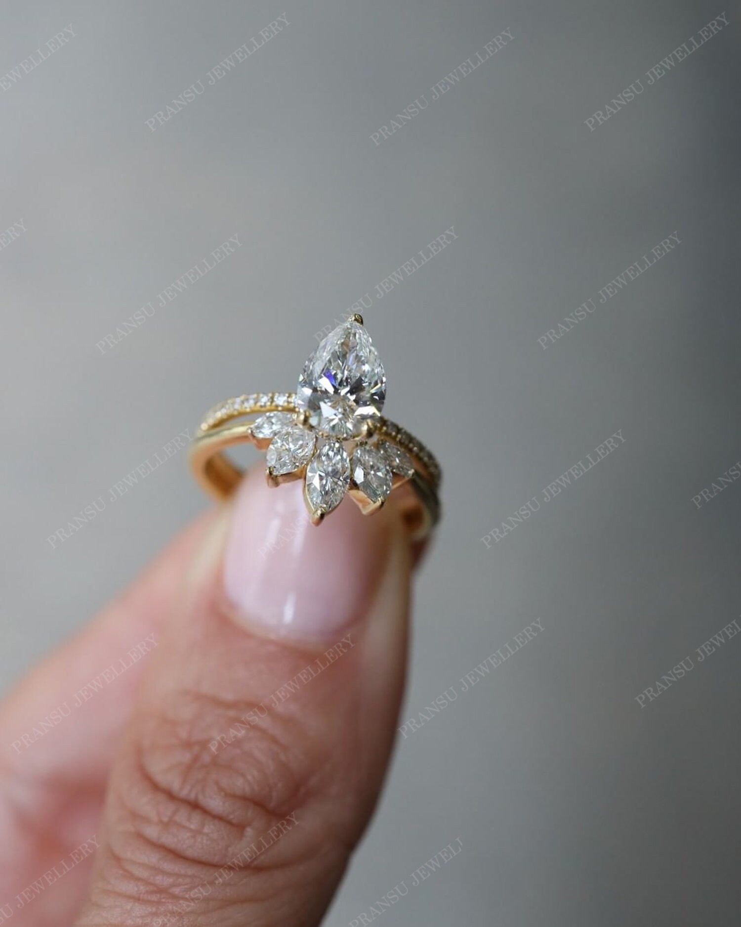 1.5ct Pear Cut Moissanite Engagement Ring Set 14K Solid Gold Solitaire ...