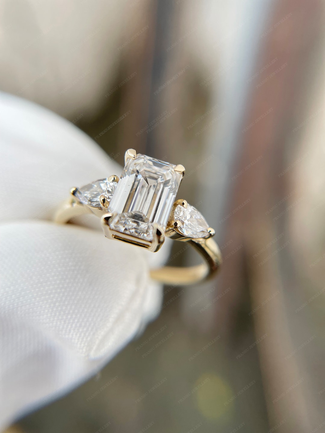 Buy Emerald Cut Lab Grown Diamond Engagement Ring Three Stone VS1-2  Lab Created Diamond Wedding Ring ,side Pear Diamonds ,14k Yellow Gold  Online