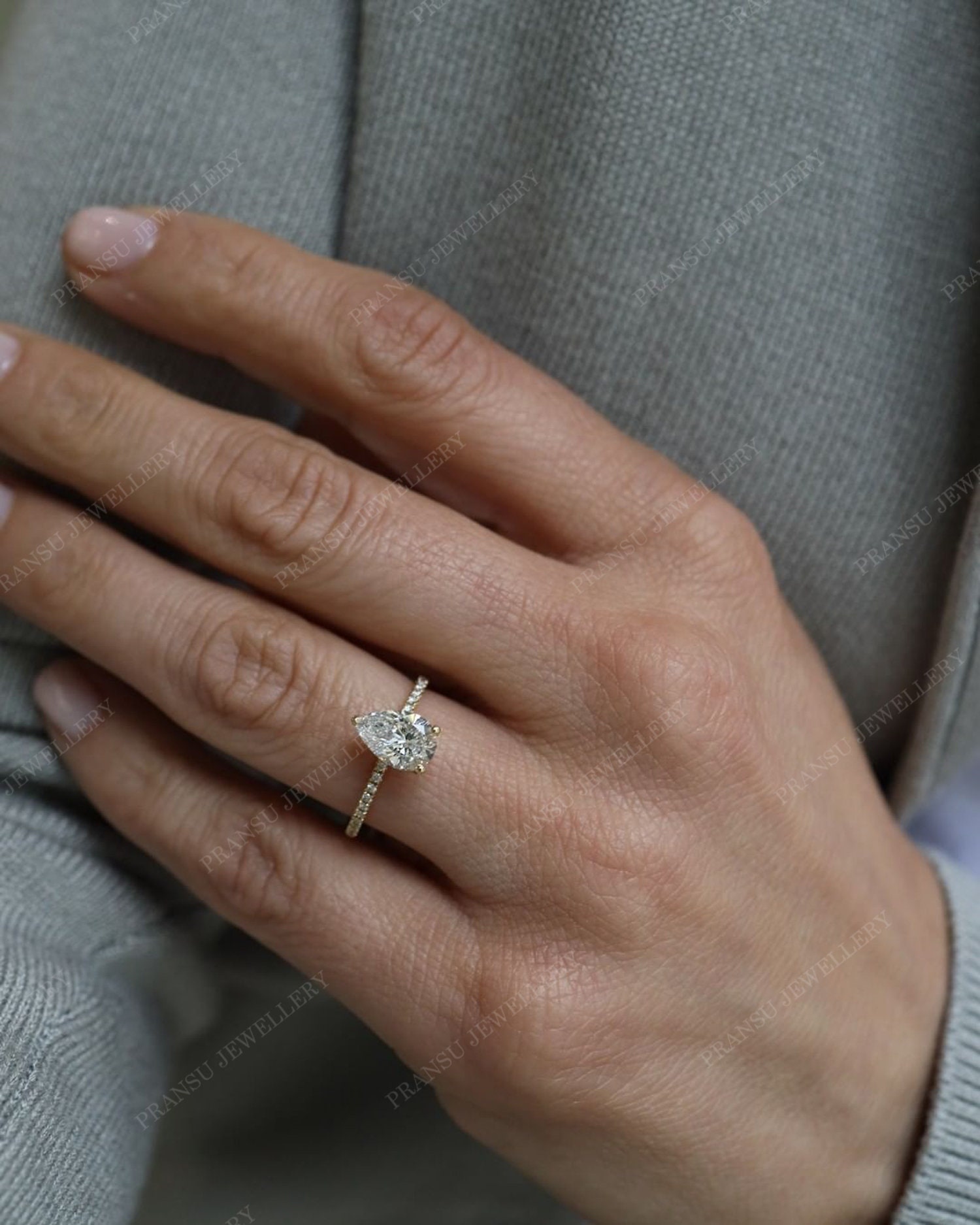 2CT Pear Cut Moissanite Engagement Ring 14k Solid Gold Micro Set Diamond Wedding Ring Crushed