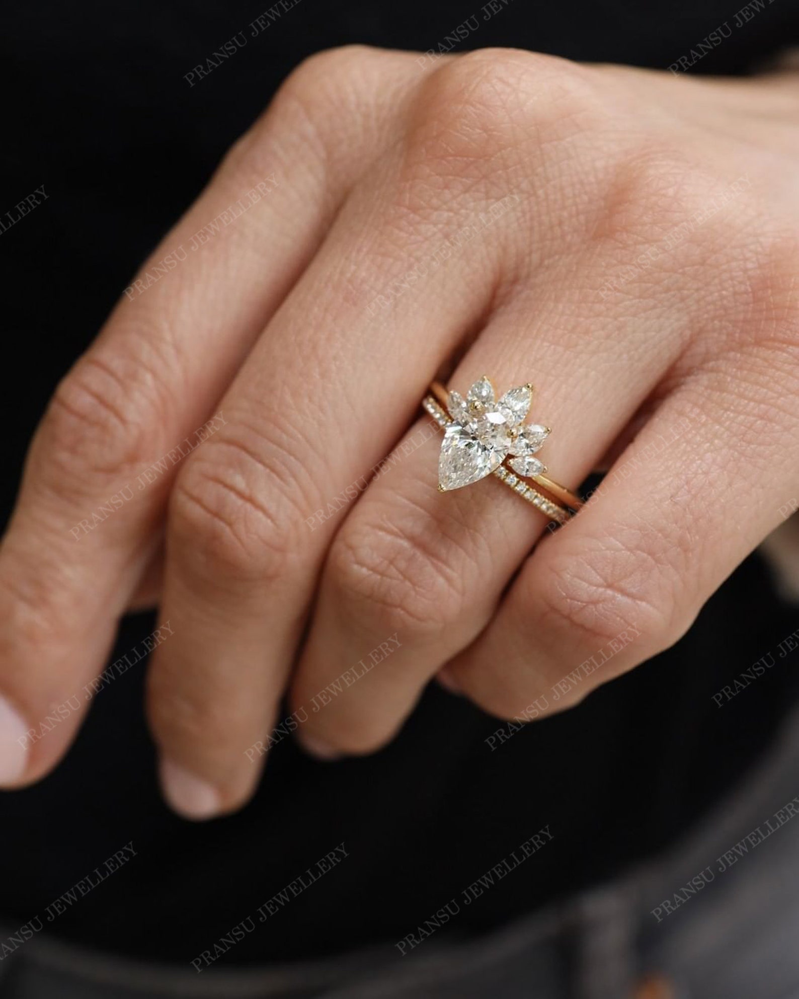 1.5ct Pear Cut Moissanite Engagement Ring Set 14K Solid Gold Solitaire ...