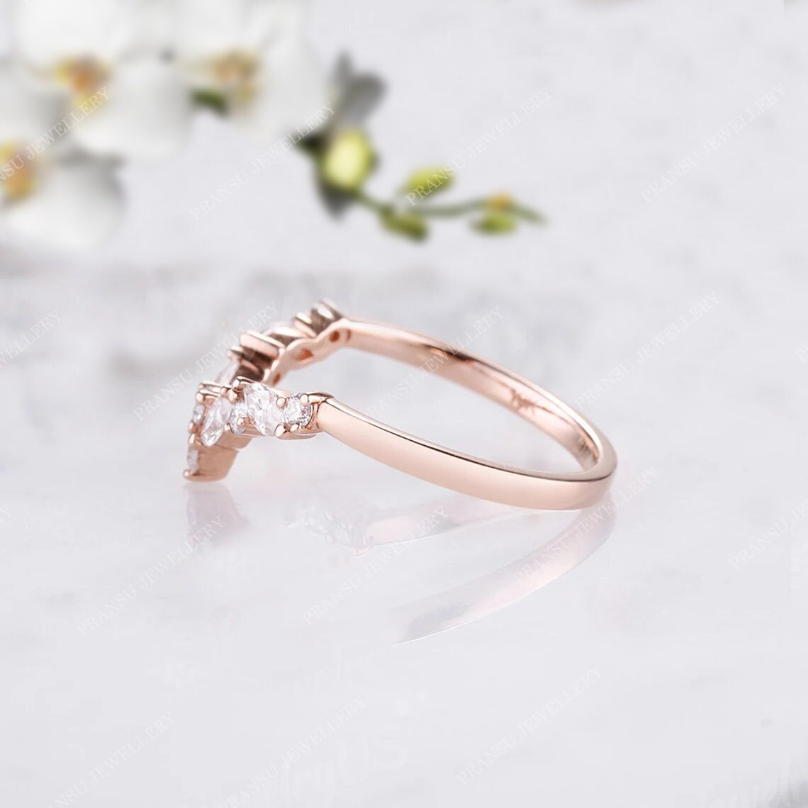 Unique Marquise Cut Moissanite Wedding Band 14K Solid Gold Art Deco ...