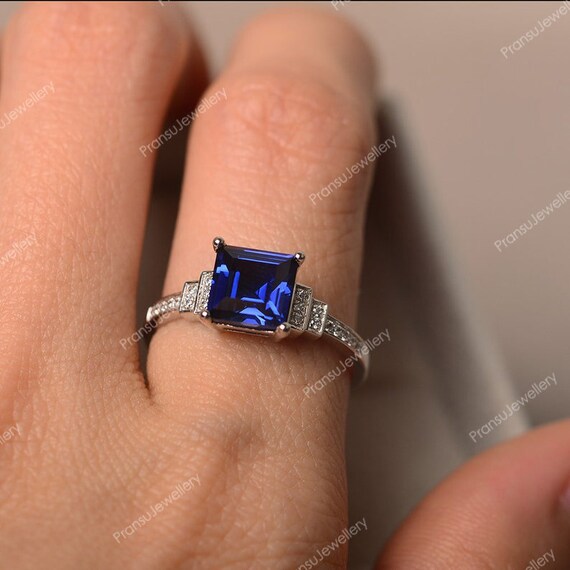 2CT Princess Cut Blue Sapphire Engagement Ring Lab-Created Sapphire Diamond  Wedding Ring 14K Solid White Gold Promise Anniversary Ring