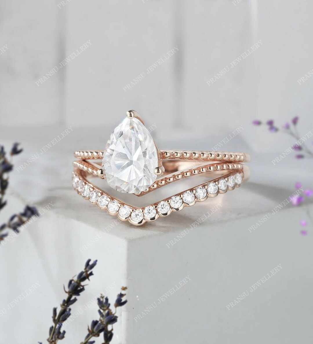2ct Pear Cut Moissanite Engagement Ring Set 14K Solid Gold Solitaire ...