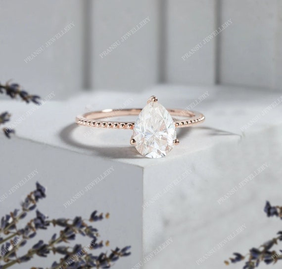 Pear Shaped Moissanite Engagement Ring, Pear Solitaire Ring Wedding Bridal Ring Set Solid White Yellow Rose Gold Minimalist Dainty Ring