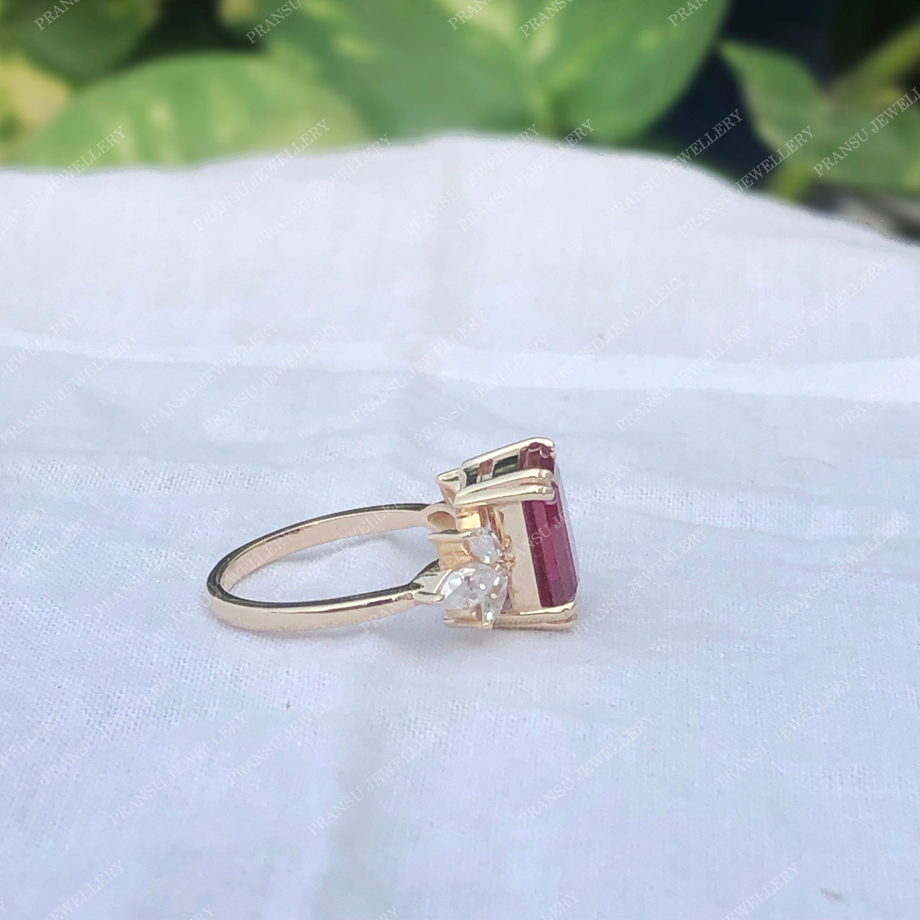 4ct Emerald Cut Lab Red Ruby Engagement Ring 14k Solid Gold