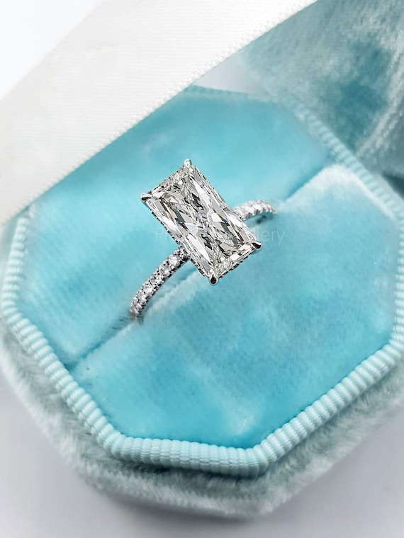 2ct Elongated Radiant Cut Moissanite Engagement Ring Hidden Halo