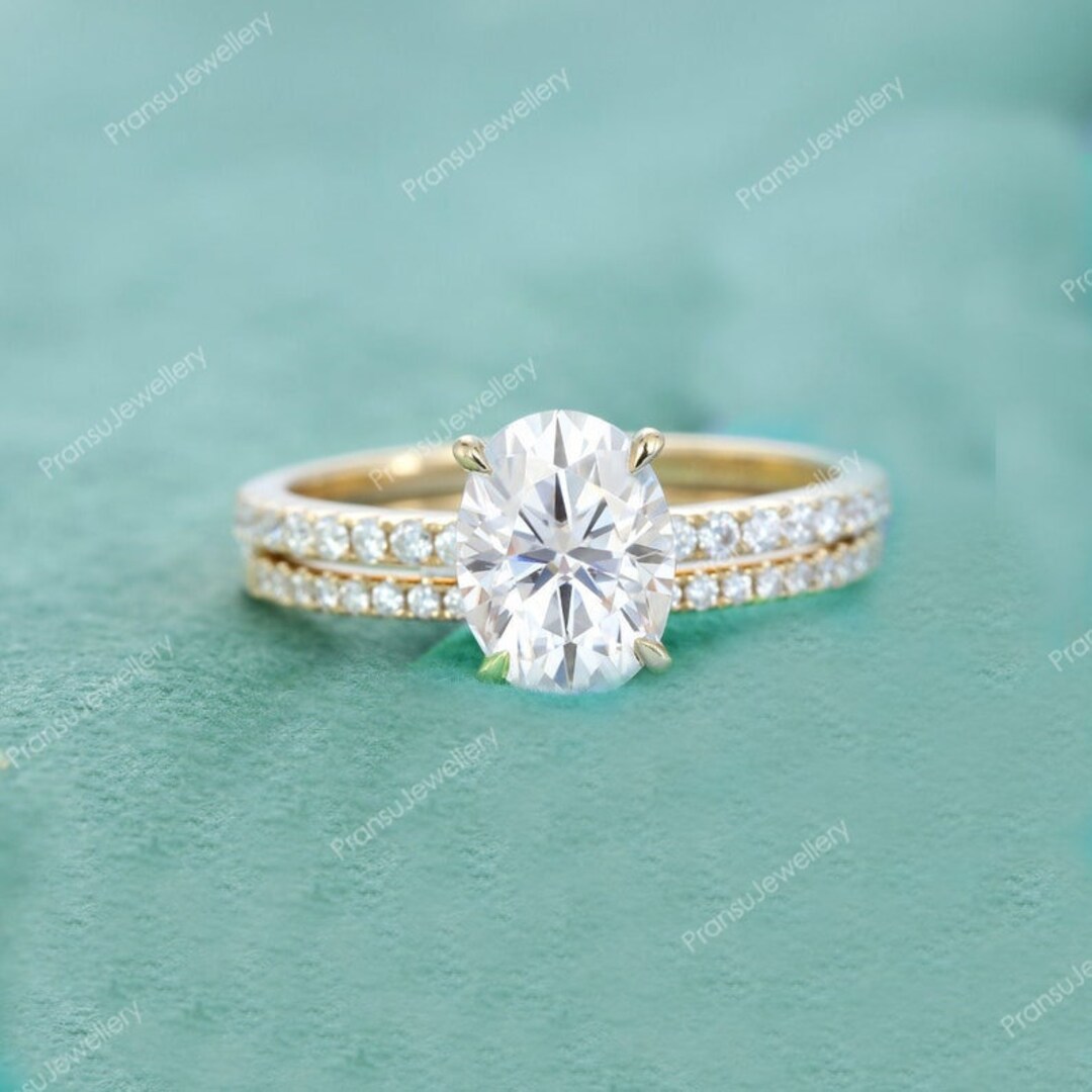 2CT Oval Cut Moissanite Engagement Ring Set |14k Gold Wedding Ring Set ...
