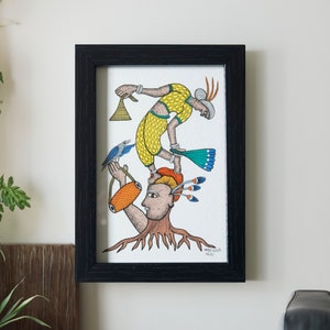 Handpainted Gond Art: Framed Indian Folk Painting (4x6)