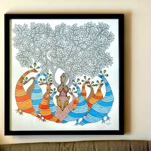 Gond Art,handpainted, Tree of Life, indian Art, Home Decor,,Living Room Art, Indian Folk Art, Painting
