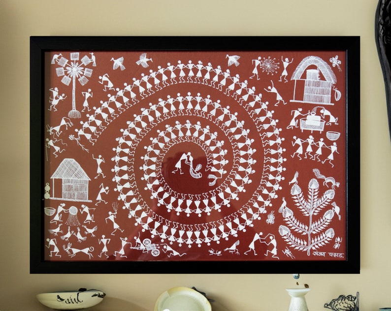 Warli Art Hand Painted Table Red