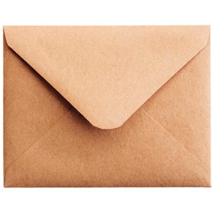 May include: A rectangular envelope made of light brown, textured kraft paper. The envelope features a classic triangular flap that folds down to the center, creating a clean, simple design with visible paper fibers throughout the surface.