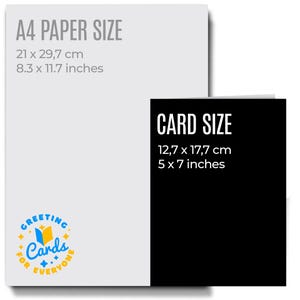 May include: A light gray rectangular graphic labeled A4 PAPER SIZE measuring 8.3 x 11.7 inches and a black rectangular graphic labeled CARD SIZE measuring 5 x 7 inches, with a blue and yellow logo reading GREETING CARDS FOR EVERYONE.