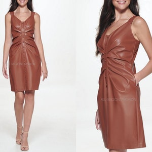Handmade women&#39;s lambskin Brown leather dress, leather outfit, plus size dress , plus size leather dress, genuine leather dress, party dress