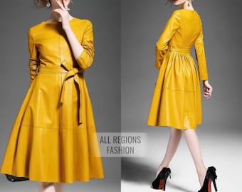 Handmade women&#39;s lambskin yellow leather dress , leather outfit, leather dress , women&#39;s full leather dress, genuine leather dress