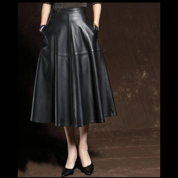 Handmade women's genuine lambskin leather mid skirt outfit leather mid skirt Vintage leather Beautiful mid skirt genuine leather mid skirt