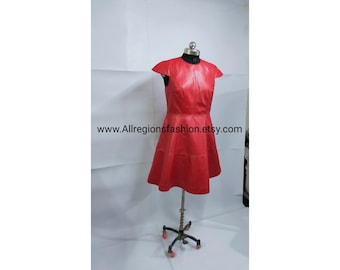 Handmade women&#39;s lambskin red leather dress , leather outfit, leather dress , women&#39;s full leather dress, genuine leather dress, party dress