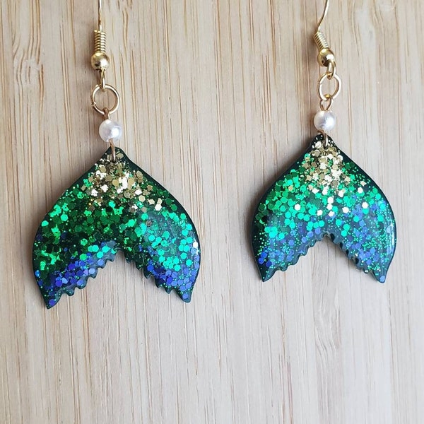 Glitter mermaid tail, blingy mermaid tail dangle earrings, gift for friend, gift for daughter, beachy, coastal, Christmas /Birthday gift