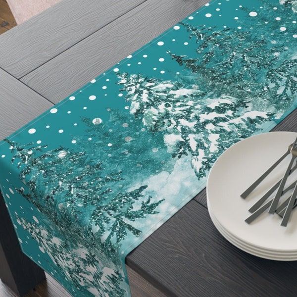 Winter Christmas Table Runner, Christmas Tree with Snow for Home Decor, Cotton or Polyester Table runner