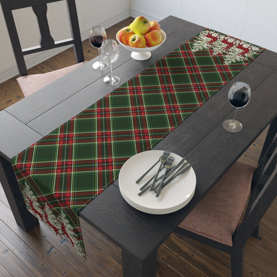Deer Plaid Christmas Table Runner, Red Green Cotton, 16 X72 Polyester