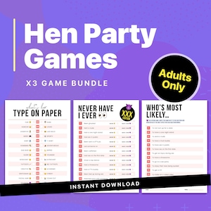 Hilarious Hen Party Games - 3 Pack Bundle - Never Have I Ever - Who's Most Likely - What's Her Type on Paper - Adult Only Games