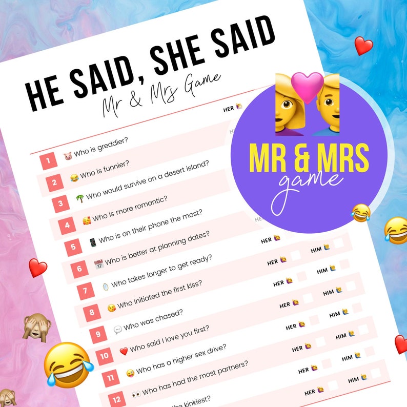Mr & Mrs Hen Party Game He Said She Said Funny Bachelorette Party Game