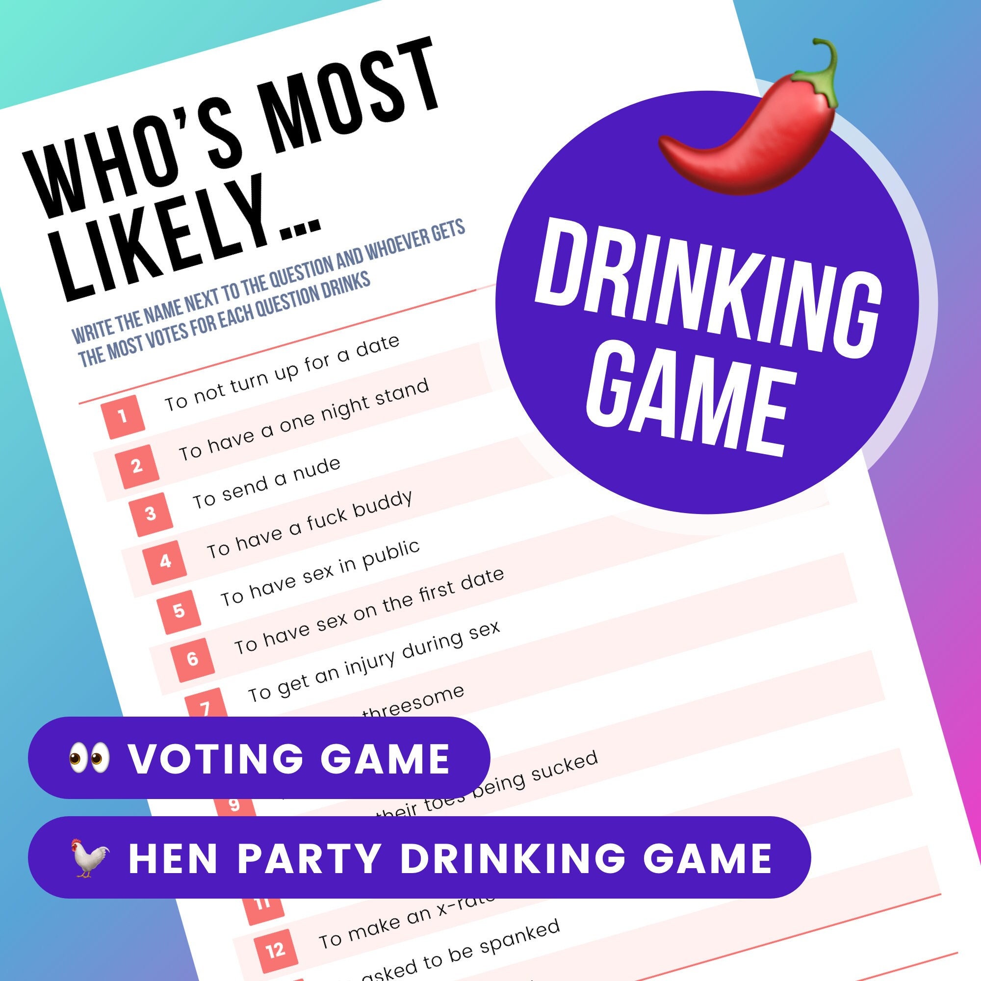 Funny Hen/Bachelorette Drinking Game Bachelorette Fun Rude