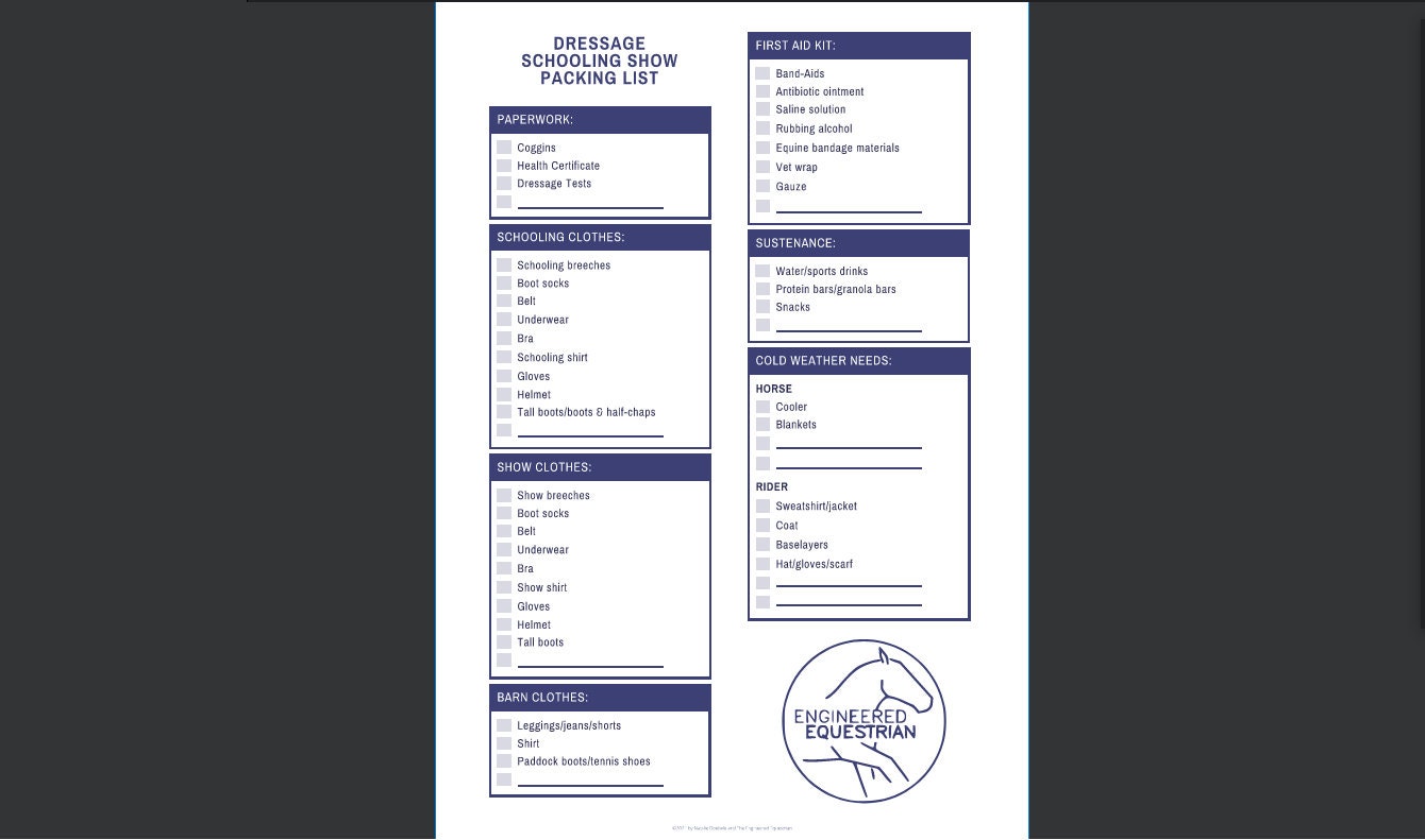 dressage schooling show packing list horse show packing