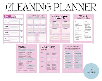 Puede incluir: Un conjunto de siete páginas rosas de planificador de limpieza con varias listas de verificación y horarios. Las páginas incluyen secciones para la limpieza de la oficina, horarios semanales y rutinas de autocuidado. El título "CLEANING PLANNER" está en la parte superior.