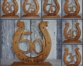 Hufeisen mit Zahl, aus Eichenholz, für Geburtstage, Hochzeiten, Jubiläum (geölt mit Leinöl) auch mit persönlicher Gravur