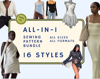 May include: A collage of 16 different sewing patterns for clothing, featuring various styles and silhouettes. The text "ALL-IN-1 SEWING PATTERN BUNDLE 16 STYLES" is displayed in a yellow and green frame. The text "ALL SIZES ALL FORMATS" is also included.
