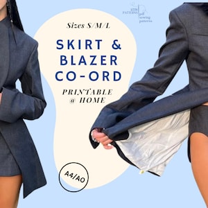 Puede incluir: Un patrón de costura imprimible para un conjunto de falda y blazer en tallas S/M/L. El patrón está disponible en formato A4/AO y está diseñado para imprimirse en casa. La imagen muestra a una modelo usando el atuendo completo en color gris oscuro.
