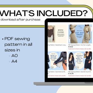 Puede incluir: Una pantalla de computadora port&aacute;til que muestra una variedad de patrones de costura a la venta. El texto "WHAT'S INCLUDED?" se muestra en la parte superior de la pantalla. El texto "download after purchase" se muestra debajo del t&iacute;tulo. El texto "PDF sewing pattern in all sizes in AO A4" se muestra en el lado izquierdo de la pantalla.