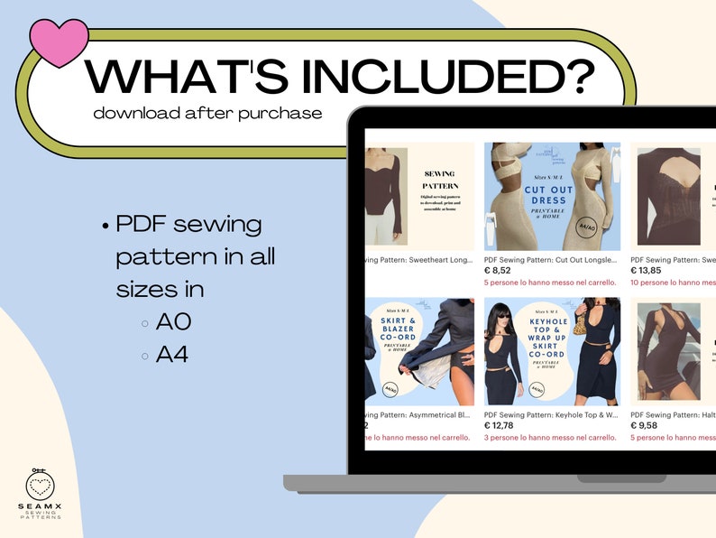 Puede incluir: Una pantalla de computadora port&aacute;til que muestra una variedad de patrones de costura a la venta. El texto "WHAT'S INCLUDED?" se muestra en la parte superior de la pantalla. El texto "download after purchase" se muestra debajo del t&iacute;tulo. El texto "PDF sewing pattern in all sizes in AO A4" se muestra en el lado izquierdo de la pantalla.