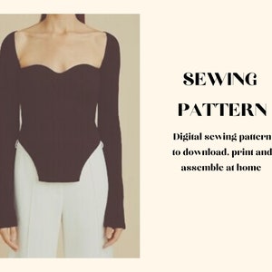 Puede incluir: Un patrón de costura digital para una blusa negra de manga larga con escote de corazón. El patrón está disponible para descargar, imprimir y ensamblar en casa.  "SEWING PATTERN" está escrito en letras negritas sobre el texto que describe el patrón.